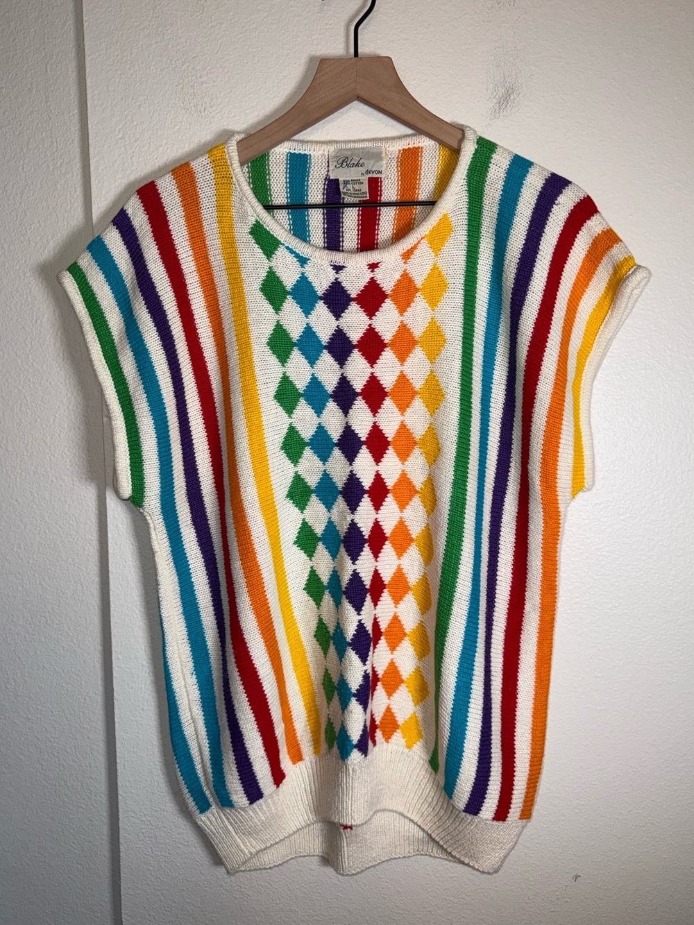 VINTAGE BLAKE BY DEVON Multicolor Rainbow Knit preppy short sleeve sweater L